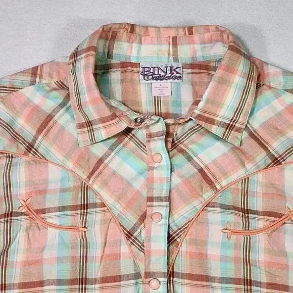 PINK Cattlelac Women's Western Short Sleeve L Peach Plaid Snaps Cowgirl Rodeo‎ - Picture 2 of 15